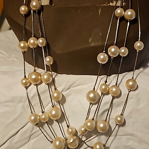 Long Layered Silvertone 4 Stand Necklace w/Fine Chains, Cultured Pearls, 28" - Picture 5 of 7
